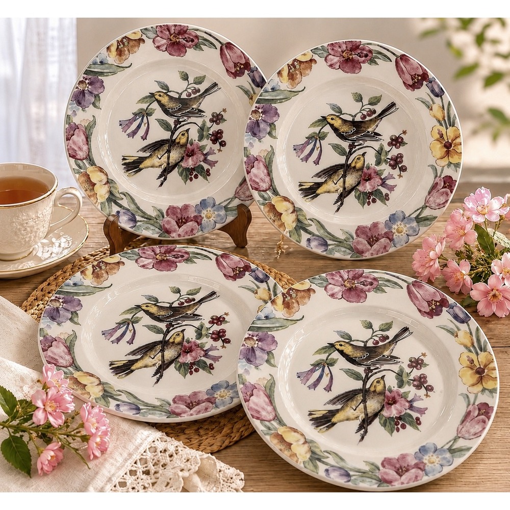 Vintage Charming English Garden Bird Floral Tea Dessert Plates Set 4 Cottagecore